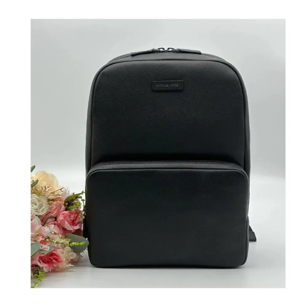 Michael Kors Men’s Black Front Zippers Pocket Leather Travel Backpack